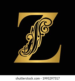 Golden  letter Z. Vintage flower initial letters.   Logo vector 
 Alphabet.