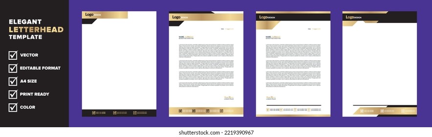 golden letterhead template for business company stationery design with A4 sheet vector format and editable layout in luxury color