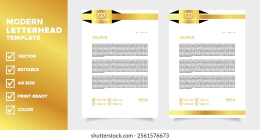 golden letterhead template for business company stationery design with A4 sheet vector format and editable layout in luxury color