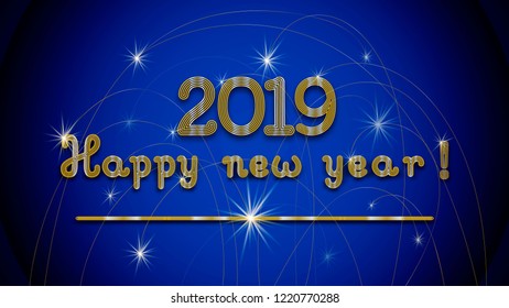 Golden lettering 2019. Vector illustration on blue background. The inscription 2019. Happy New Year. Vector design element. Design element. 2019.