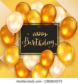Golden lettering Happy Birthday on black card. Abstract geometric background wit holiday balloons and confetti, illustration.