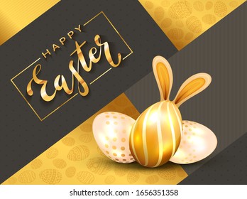 Golden lettering Happy Easter and Easter eggs with rabbit ears on holiday black and gold background. Illustration with Easter bunny can be used for holiday design and cards.