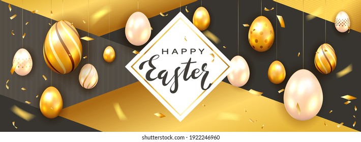 Golden lettering Happy Easter and hanging golden Easter eggs on holiday black and gold background. Illustration with holiday decorations can be used for holiday design, cards, banners, backgrounds.