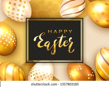 Golden lettering Happy Easter on black card with Easter eggs and luxury elements on holiday gold background, illustration.