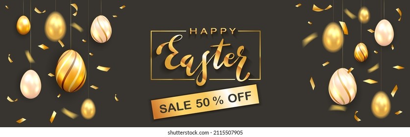 Golden lettering Happy Easter and Sale on black banner and hanging golden Easter eggs on holiday background. Illustration with Easter decorations can be used for holiday design, cards, banners.