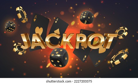 Golden letterings Jackpot with falling black, gold poker chips, tokens, dices, playing cards on black background with gold lights, sparkles and bokeh. Vector illustration for postcard, web, design