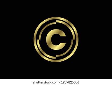 Letras doradas C con marcos de círculo dorado. Alfabeto inglés, ilustración vectorial