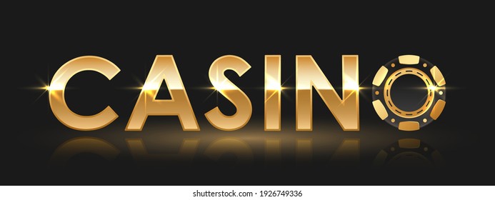 Golden letters casino with gold, black poker chips, token with reflection on black background. Vector illustration for card, casino, game design, flyer, poster, decor, banner, web, advertising.