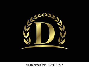 Golden letters D with a golden laurel wreath. English alphabet, vector illustration