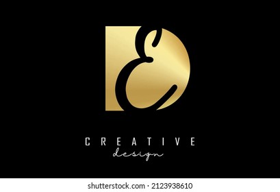 Golden letters DE logo with a minimalist design and negative space. Letters D and E with geometric and handwritten typography. Creative Vector Illustration with letters.