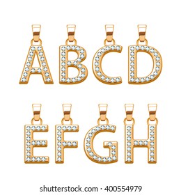 Golden letters with diamonds gemstones abc pendants set. Vector illustration. Good for jewelry design.