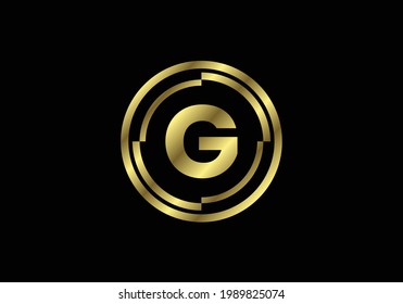 Golden letters G with golden circle frames. English alphabet, vector illustration