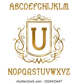 Golden letters with initial monogram in coat of arms form. Shining serif font and logo design elements.