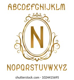Golden letters with initial monogram in coat of arms form. Shining font and logo design elements.