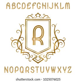 Golden letters with initial monogram in coat of arms form. Shining font and logo design elements.
