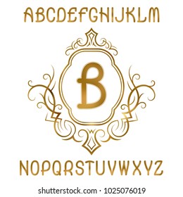 Golden letters with initial monogram on shield with wreath. Shining font and logo design elements.