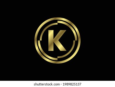 Golden letters K with golden circle frames. English alphabet, vector illustration