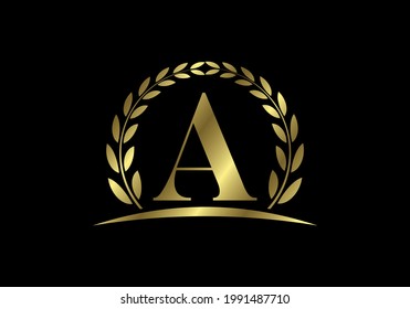 Golden letters A with a golden laurel wreath. English alphabet, vector illustration