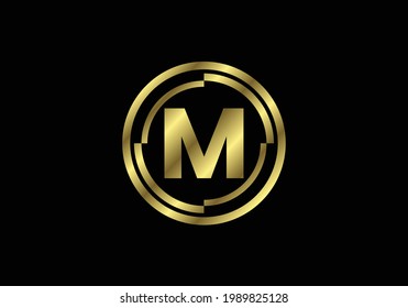 Golden letters M with golden circle frames. English alphabet, vector illustration