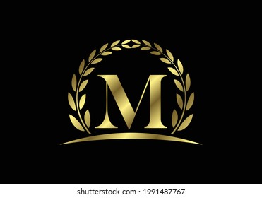 Golden letters M with a golden laurel wreath. English alphabet, vector illustration