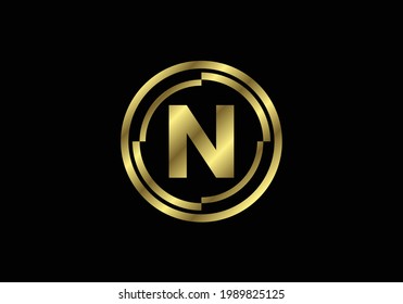 Letras doradas N con marcos de círculo dorado. Alfabeto inglés, ilustración vectorial