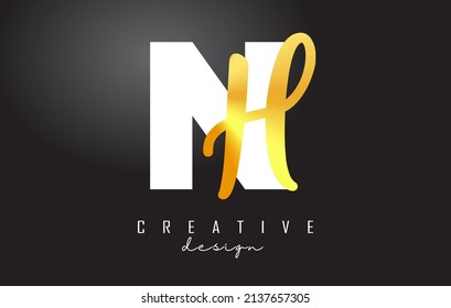 Golden Letters NH logo with a minimalist design. Letters N and H with geometric and handwritten typography. Creative Vector Illustration with letters.