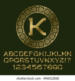 Golden letters and numbers with K initial monogram. Beautiful font for logo design. Isolated english alphabet, figures.