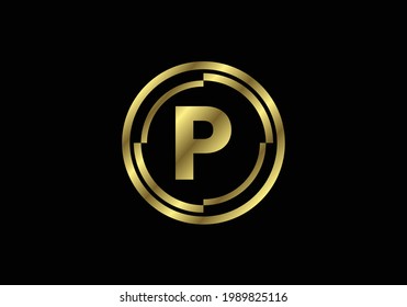 Golden letters P with golden circle frames. English alphabet, vector illustration