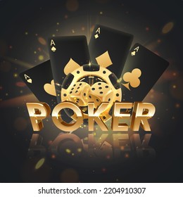 Golden letters Poker with golden poker chip, token, dices, playing cards on black background with gold lights, sparkles and bokeh. Vector illustration for casino, game design, advertising.