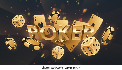 Golden letters Poker with falling golden poker chips, tokens, dices, playing cards on black background with gold lights, sparkles and bokeh. Vector illustration.