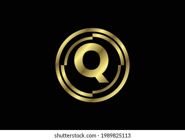 Golden letters Q with golden circle frames. English alphabet, vector illustration