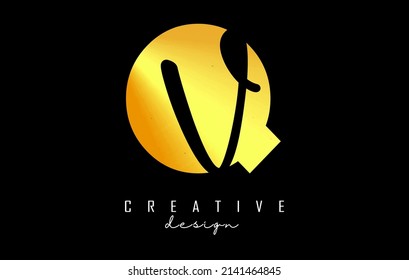 Golden Letters QV logo with a minimalist design. Letters Q and V with geometric and handwritten typography. Creative Vector Illustration with letters.