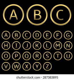 Golden letters with golden round frames. English alphabet, vector illustration