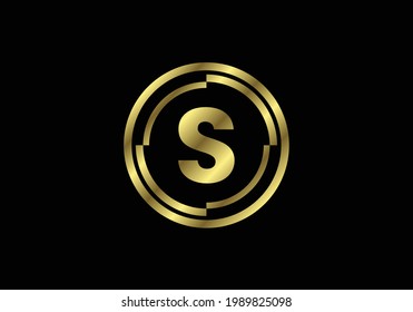 Golden letters S with golden circle frames. English alphabet, vector illustration