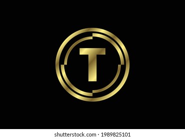 Golden letters T with golden circle frames. English alphabet, vector illustration