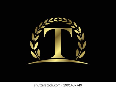 Golden letters T with a golden laurel wreath. English alphabet, vector illustration