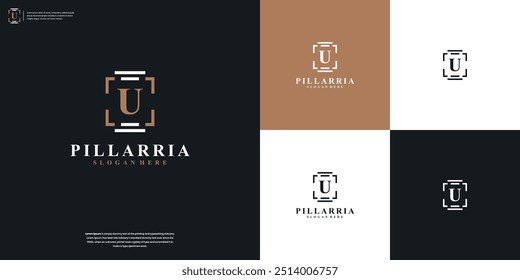 Golden letters U with pillar firm logo design vector symbol illustration, law firm line art logo design inspiration
