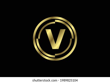 Golden letters V with golden circle frames. English alphabet, vector illustration