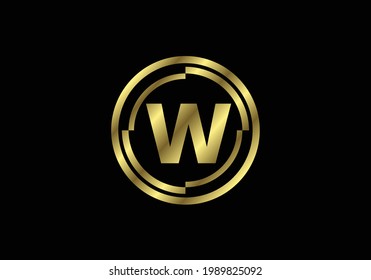 Golden letters W with golden circle frames. English alphabet, vector illustration