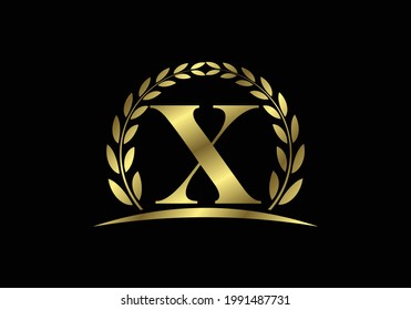 Golden letters X with a golden laurel wreath. English alphabet, vector illustration
