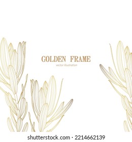 Golden Leucadendron tropical branch with leaves  Background Illustration. Tropical line frame. Summer tropical leaf. Exotic hawaiian jungle, summer time border frame. 