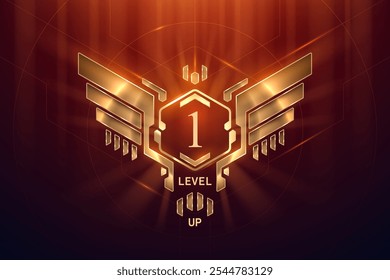 Golden level up badge with wings on red background