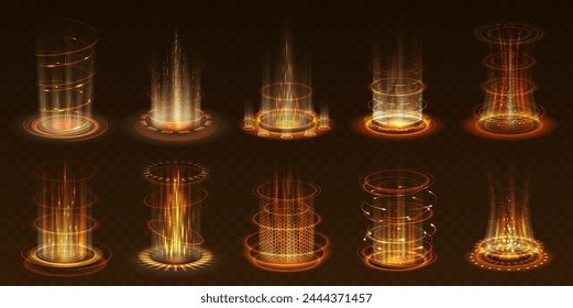 Golden level up energy flashes realistic vector illustration set. Teleportation portals power 3d elements on transparent background. Fantasy template