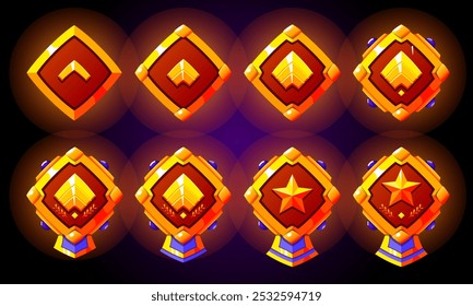 Golden level rank badges set. Military rank patent for games. Realistic vector with stars, gemstones and ribbon.