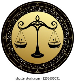 Golden Libra horoscope symbol. Vector Zodiac sign.