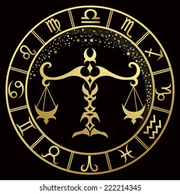 Golden Libra zodiac sign. Vector Illustration 