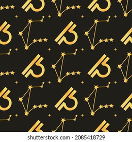 Golden Libra zodiac star seamless pattern. Repeating Libra sign with stars design for textile, wallpaper, fabric, decor. Golden space background