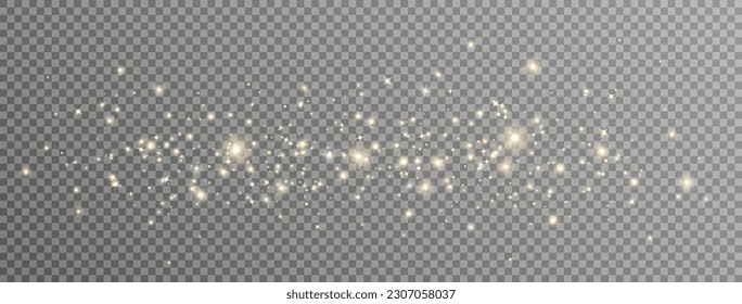 Golden light background. Glitter stars. Sparkle gold bokeh. Twinkle fairy bulb. Shine luxury banner. Christmas Holiday glow particle. Magic star effect. Festive party design. Vector illustration.