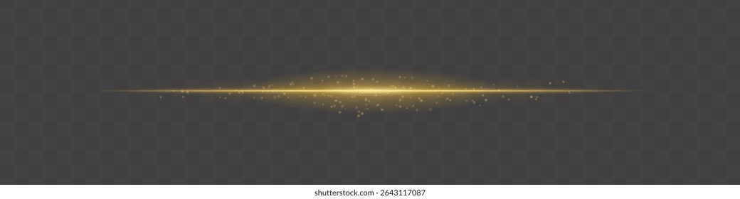 Feixe de luz dourado com partículas de poeira cintilante sobre fundo transparente. Chama horizontal radiante evoca magia, luxo e brilho cinematográfico ideal para cenas de fantasia ou transições festivas.