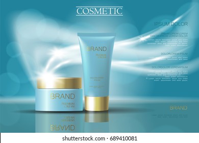 Golden light blue skincare cream package cosmetics ads. Realistic 3d vector illustration promotion poster. Flying delicate defocused glowing wave swirl turquoise background template